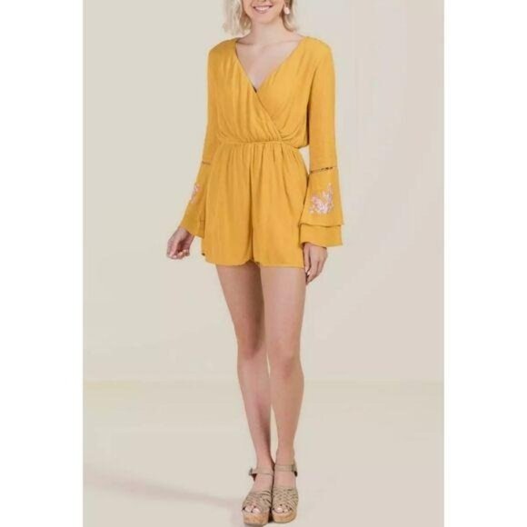 Miami Yellow Long Sleeve Wrap Romper Embroidered Bell Sleeves & Keyhole Back XXS - Picture 2 of 10